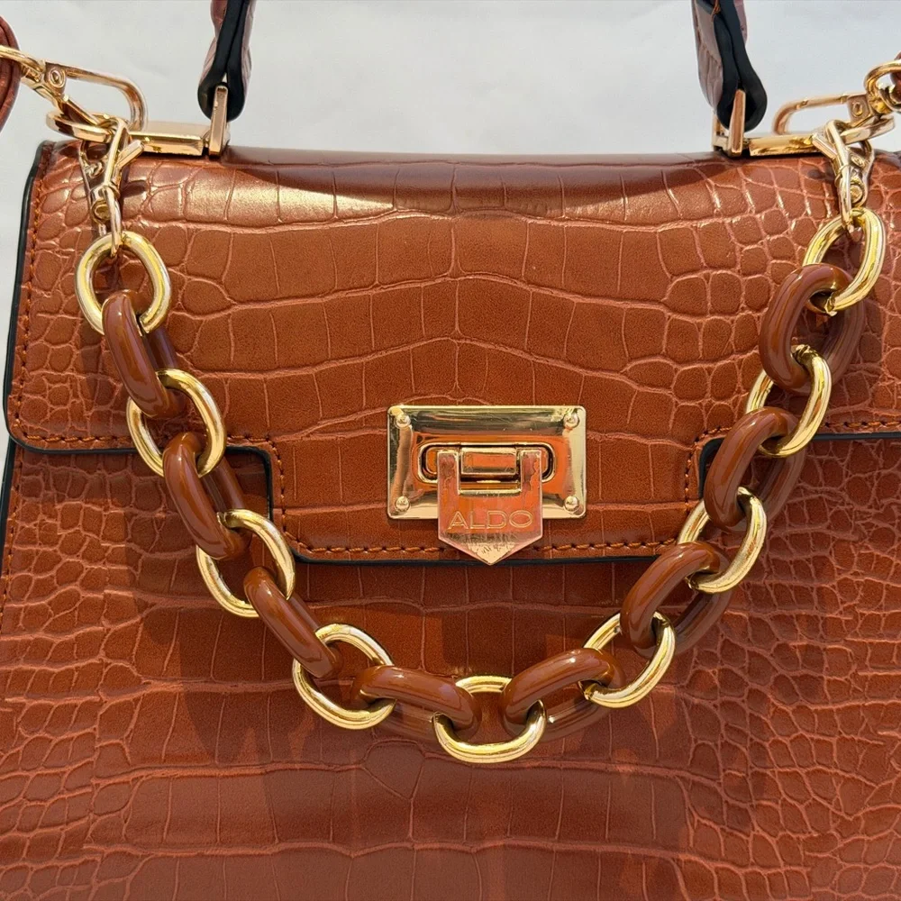 ALDO Brown Croc-Embossed Top Handle Bag with Gold Chain - Picture 2 of 7